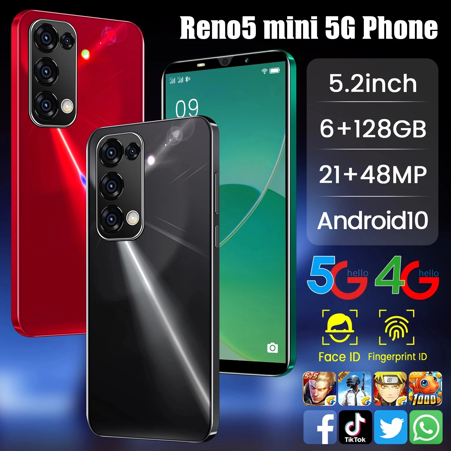 

Reno5 mini Global Version 5.2nch full screen 6+128GB 21MP+48MP camera MTK6895 4500mAhbattery Face fingerprint ID Smartphone