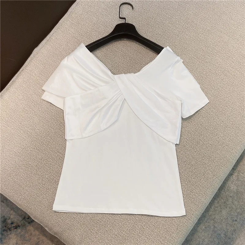 

Slimming Sexy High Street Office Lady Cross Collar Short-Sleeve T-shirt All-matching Fashion Patchwork Solid Color Tee Women
