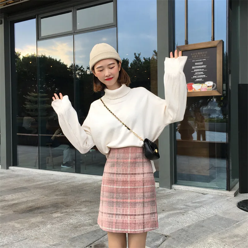 Thicken Vintage High Waist Pink Wool Autumn Winter Skirt Female Korean Sweet Mini Plaid Falda Mujer A Line School Women Skirts