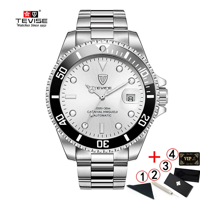 Tevise Top Brand Luxury Men Mechanical Watches Automatic waterproof Stainless Steel Men Wristwatches Relogio Masculino - Цвет: 9-silver-white-box