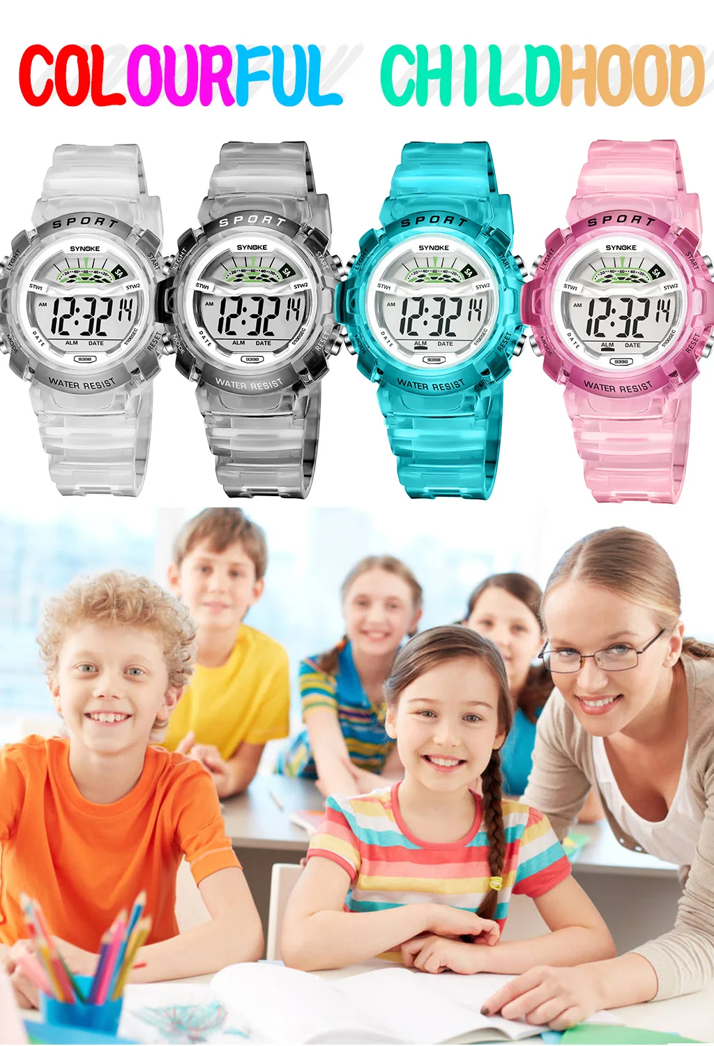 

SYNOKE Children Watches Colorful Waterproof Sports Watch Luminous Kids Digital Wristwatch Alarm Clock Boys Gifts Students Watch