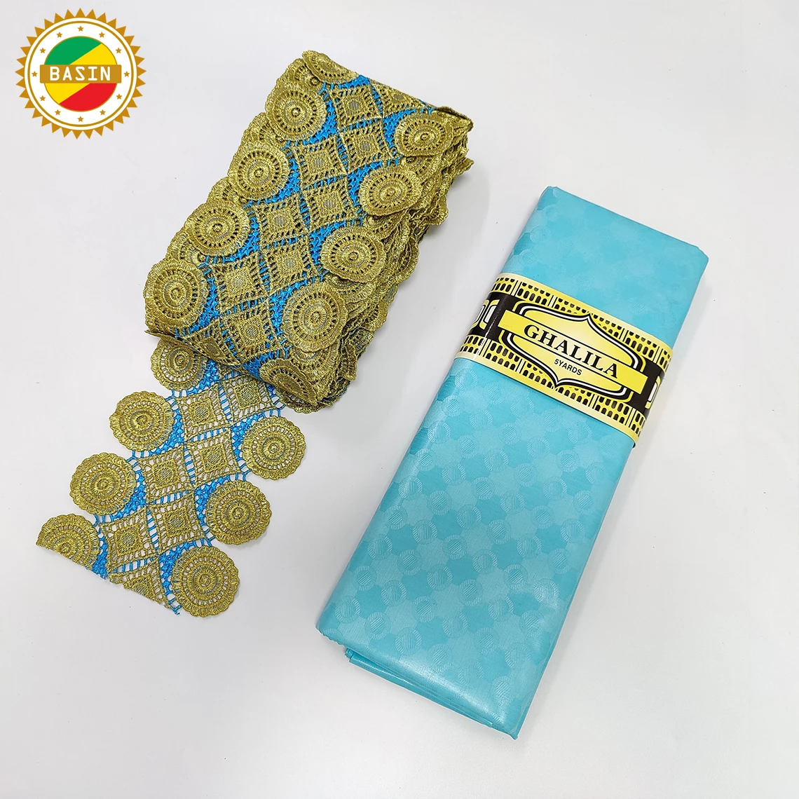 Небесно голубая лента для ремесленных изделий с вышивкой и богатой тканью Bazin