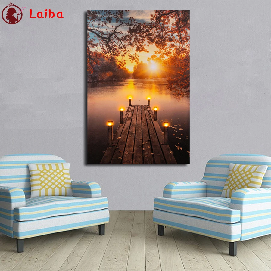 

DIY Diamond Painting Natural scenery, sunset riverbank bridge scenery Full Square Diamond Embroidery sale Cross Stitch sets