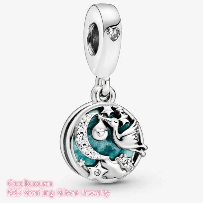 Mother's Day 100% 925 Sterling Silver Stork &amp Twinkling Stars Dangle Charm beads Fits Original Pandora bracelets Jewelry