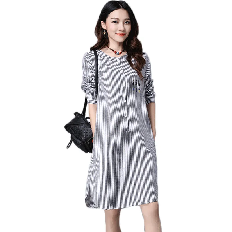 Новинка 2020 платье в полоску Vestidos женские осенние платья из хлопка и льна Robe Mori