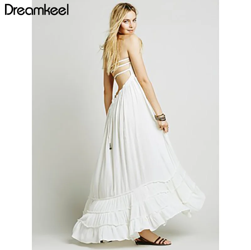 Летнее пляжное платье с открытой спиной без рукавов завязками на талии макси