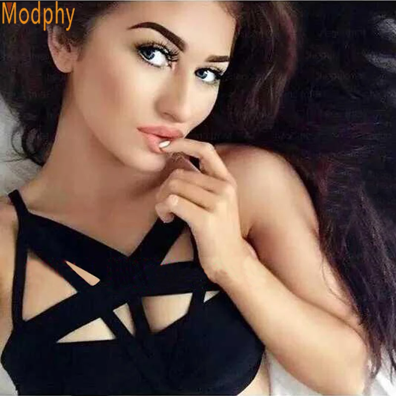 Женский укороченный топ на бретельках черный бандажный с вырезами HL436 2018|straps