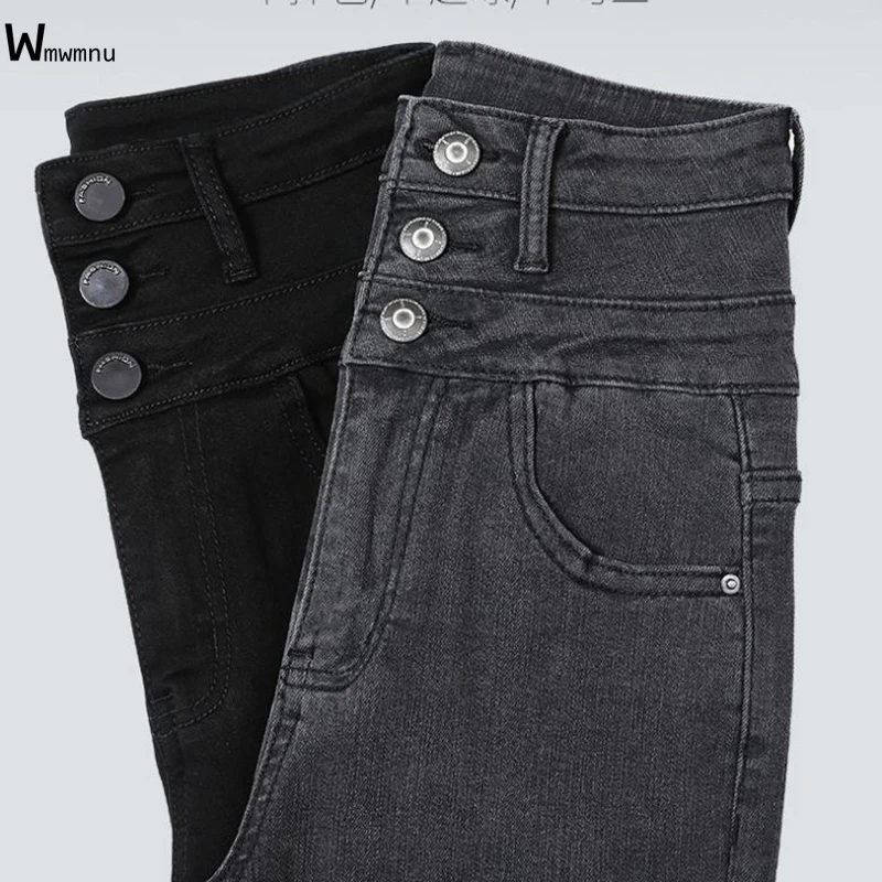 

Casual Plus Size High Waist Black Pencil Jeans Button Women High Elastic Skinny Cowboy Pants Street Slim Stretchy Trousers