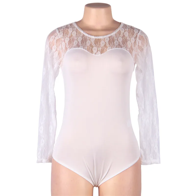 white bodysuit Кружевное цветочное Сетчатое боди с круглым вырезом размера плюс с длинным рукавом обтягивающее базовое сексуальное черное боди клубный женский топ 3XL 5XL R80372 - Цвет: white bodysuit