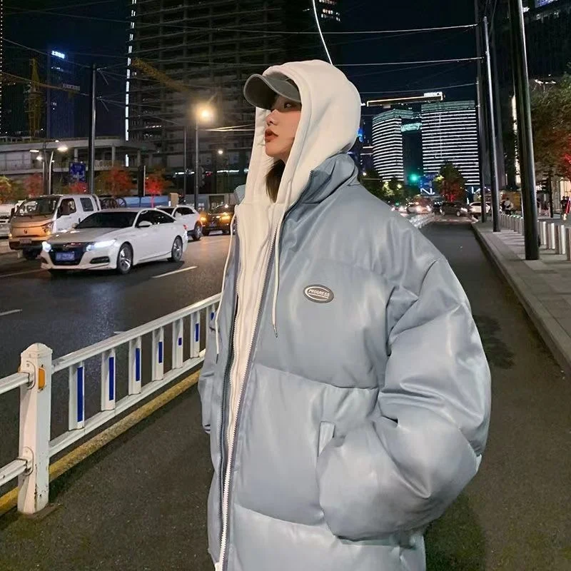 Plus Velvet Thick Thick Warm Loose Simple Down Jacket Autumn and Winter New Coat Leather Fashion Trend Cotton Coat