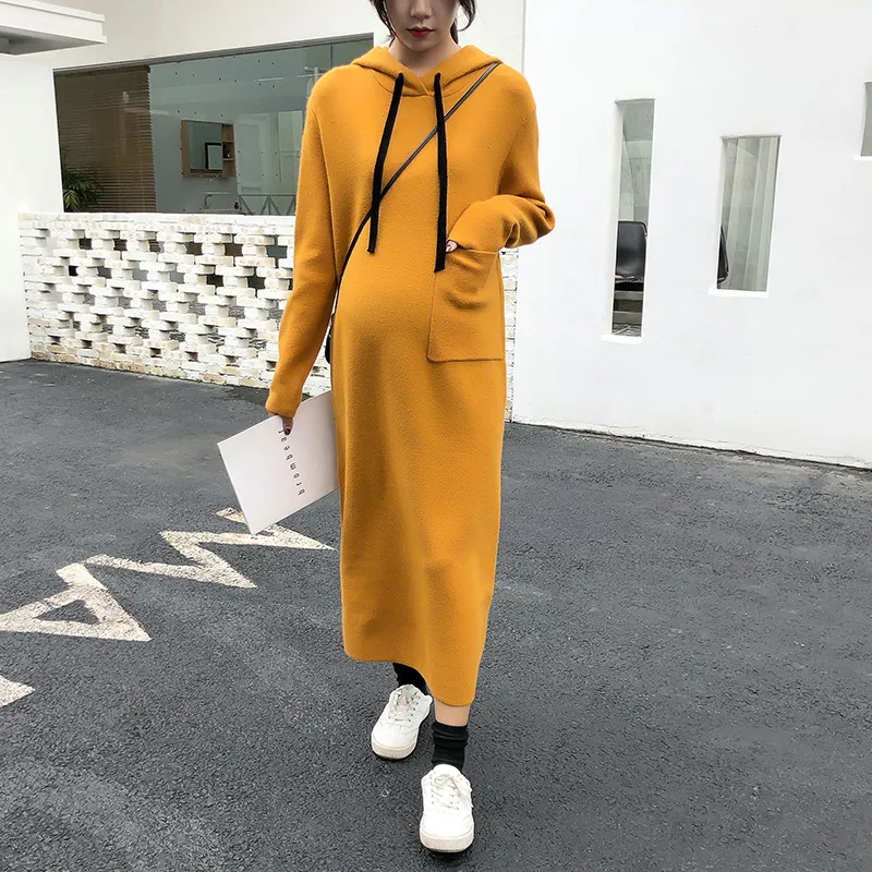 Autumn Winter Maternity Loose Long Hooded Sweater Dresses Expectant Mother Warm Thicken Dress Pregnant Women Pregnancy Clothes