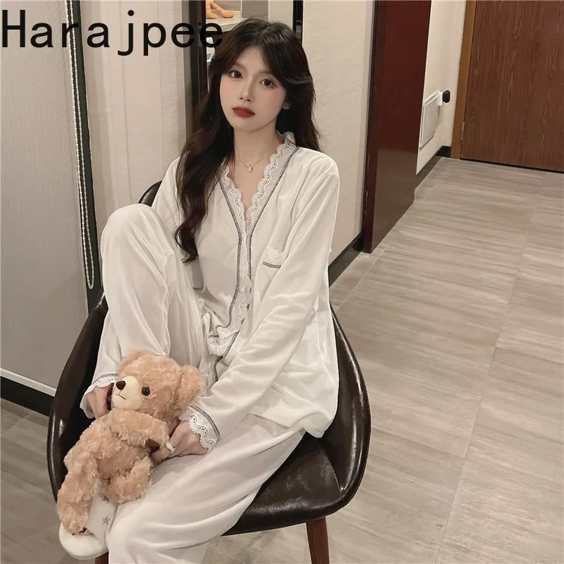 

Женская пижама в стиле харадзпи, бархатная пикантная кружевная Лоскутная мягкая свободная Пижама с V-образным вырезом в Корейском стиле, ун...