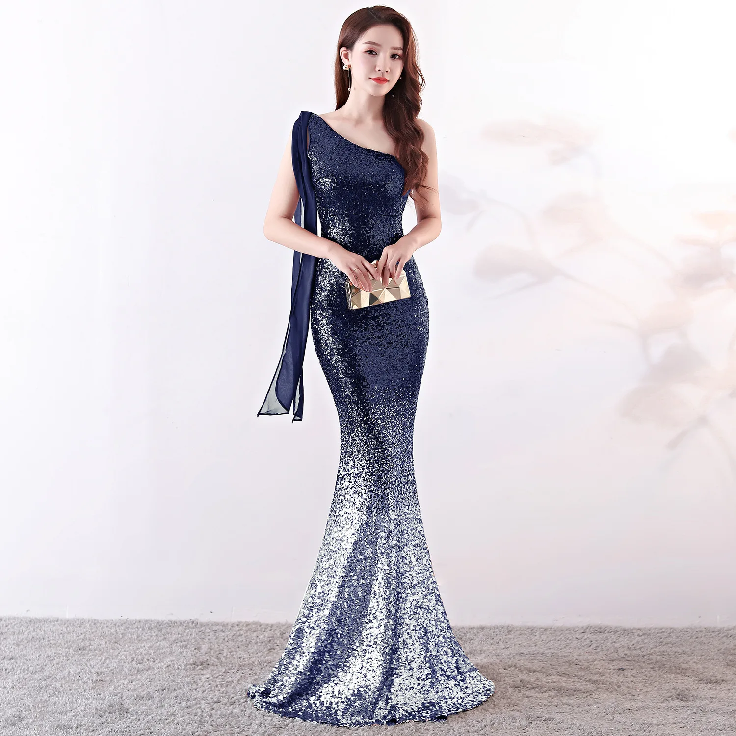 

Fashion One Shoulder Panelled Bling Dinner Party Dresses Vestidos Simple Mermaid Evening Gowns Gaun Malam