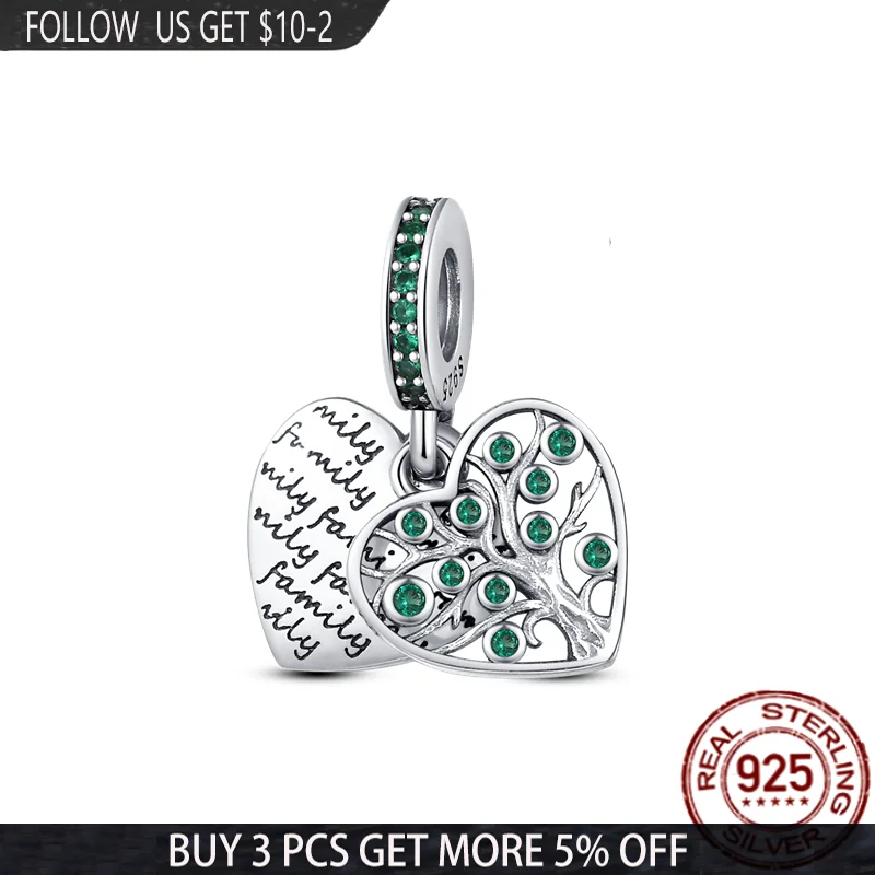925 Sterling Silver Green Fruit Heart-Shaped Tree Of Life Charms Beads Fit Original Pandora Bracelet Bangle Making Women Jewelry