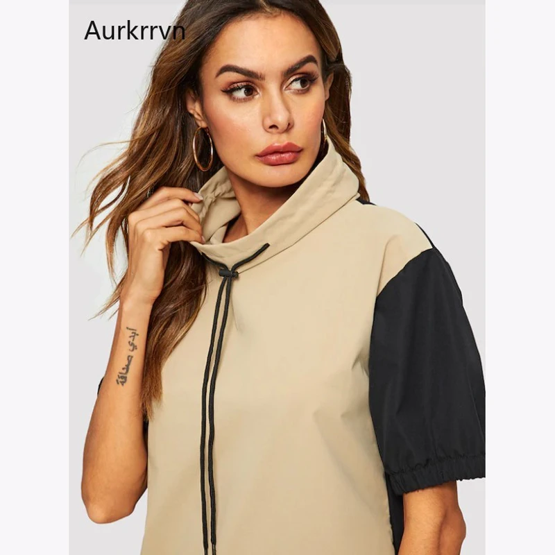 

Aurkrrvn Stand Neck Short Sleeve Sweatshirts Dresses Women Drawsting Casual Woman Straight Dresses Colorblock Loose Dress Female