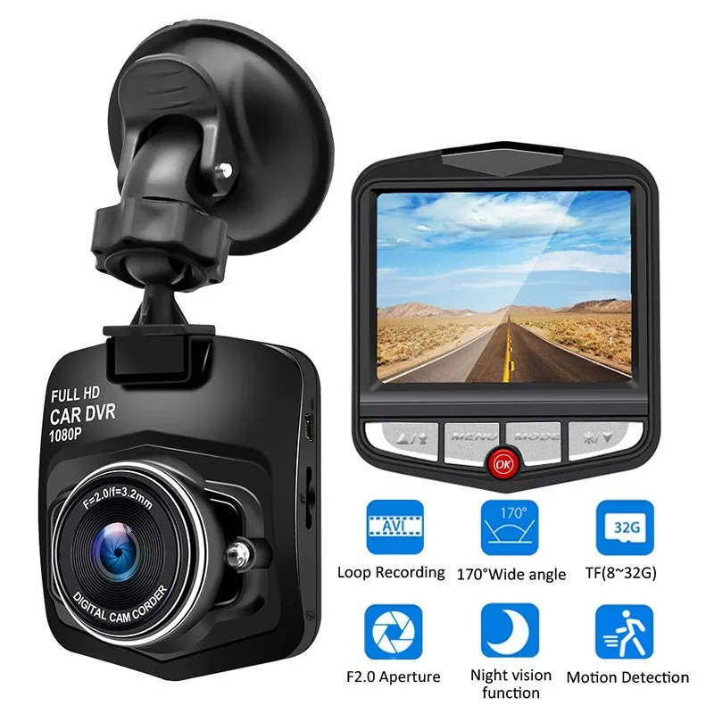 Автомобильный видеорегистратор Dash камера HD 1080P рекордер ночного видения циклическая запись 170 градусов широкий угол TF кард-ридер Обнаружение движения - Название цвета: Black