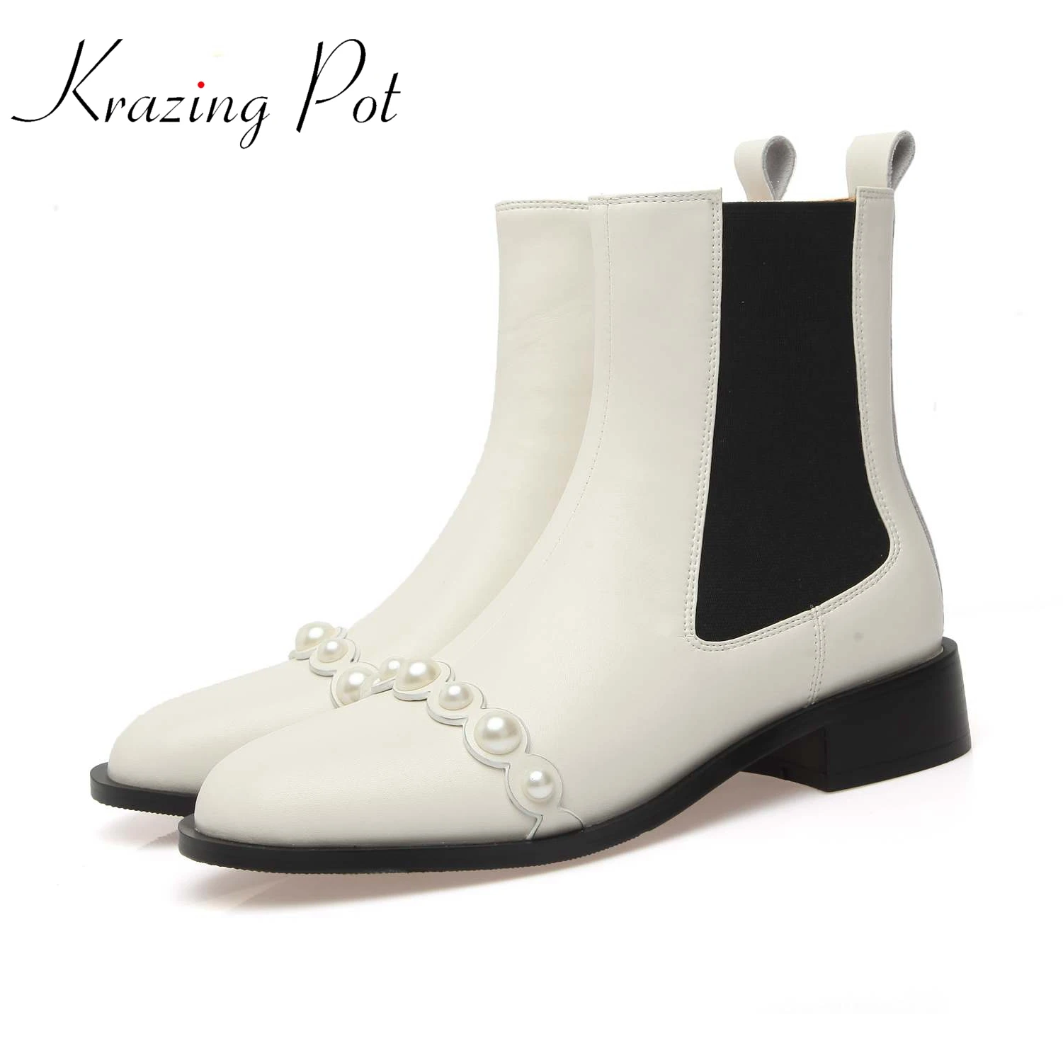 

Krazing Pot Cow Leather Round Toe Pearl-studded Chelsea Boots Zipper Luxury Knight Keep Warm Mixed Color Med Heels Ankle Boots