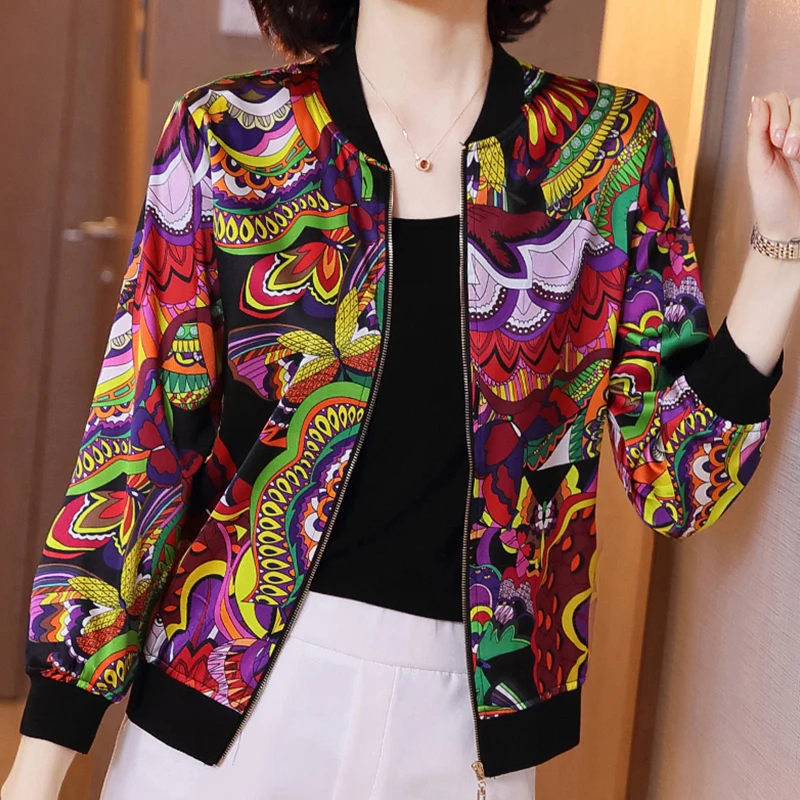 Женская куртка-бомбер с цветочным принтом Базовая куртка длинным рукавом тонкая