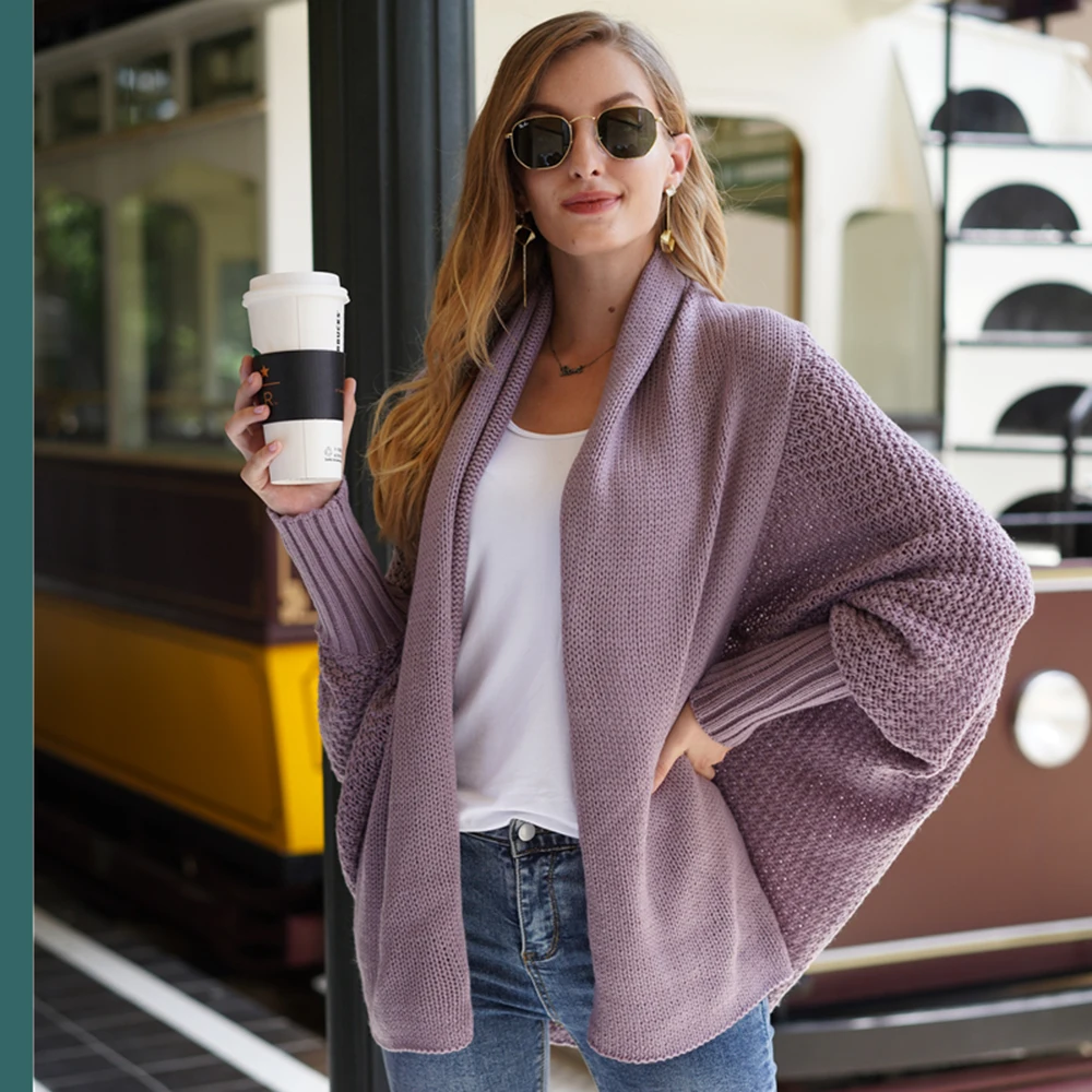 

2021 Women's Knits Tees Cardigan Sweater Bat Sleeve Knitted Cardigan Shawl Collar Long Sleeve Tops Casual New Autumn Jacket