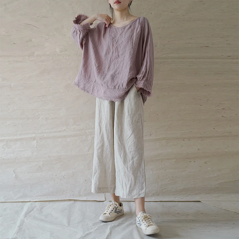 

SCUWLINEN 2021 Spring Summer Women Tops Casual Solid Plus Size Loose Long-sleeve Fringed Edge Linen T-shirt Vestidos P226