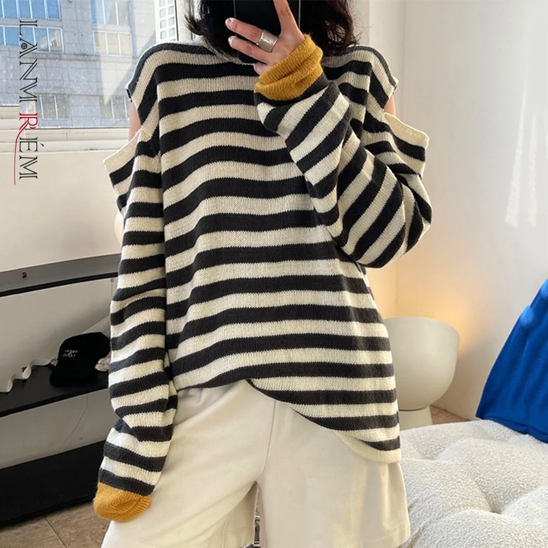 

LANMREM New Women O-neck Striped Knitting Sweater Female Loose Hollow Out Long Sleeve Fashion Top 2022 Spring Autumn 2J612