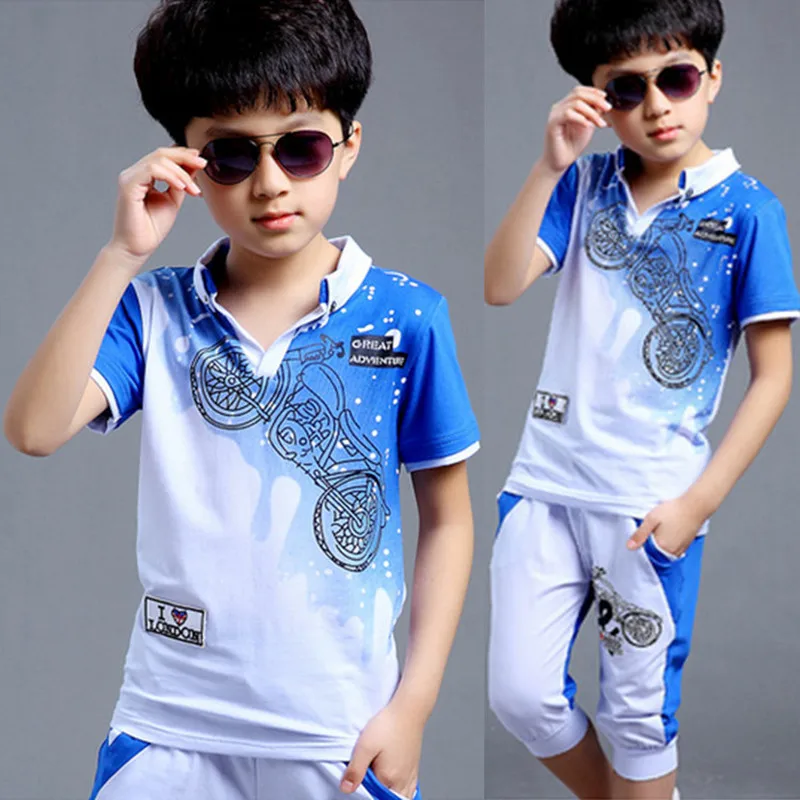 5-16T Boy Fashion Casual Sport Suit Clothing Set Motorcycle Print Short Sleeve Knitted Children Teens Clothes 2021 Summer New |