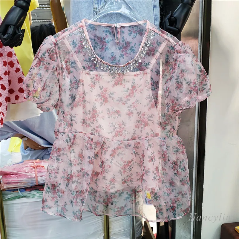 

2020 Summer New Exquisite Rhinestone Puff Sleeve Organza Top with Suspenders Women's Floral Doll Shirt Pullover Blouse