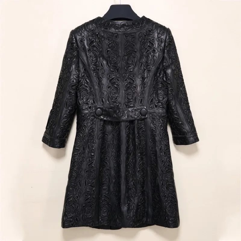 

Plus Size 6XL 100% Sheepskin Womens Jacket Spring Autumn Red Long Coat Sheepskin Female Hollow Embroidery Leather Jackets Ladies