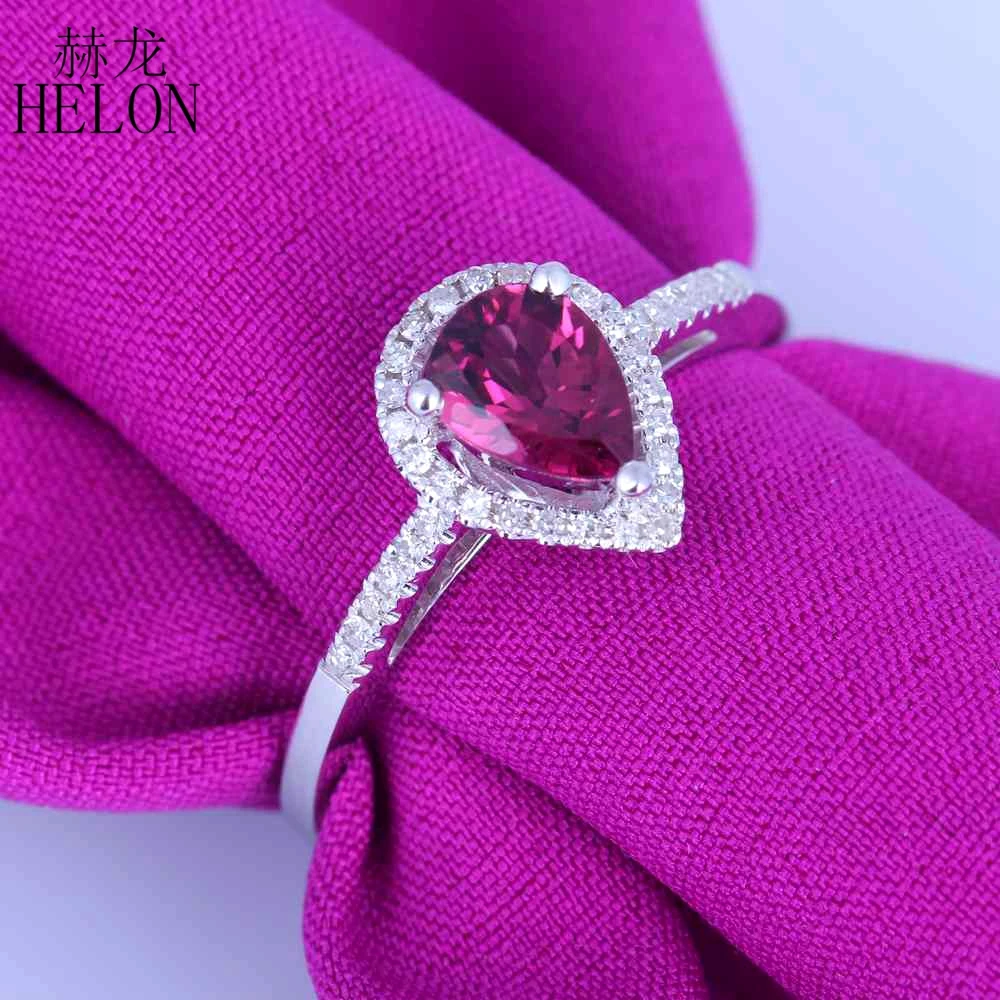 

HELON Solid 10K White Gold Flawless Pear 5x7mm Genuine Tourmaline Diamond Women Vintage Trendy Fine Jewelry Engagement Ring Gift