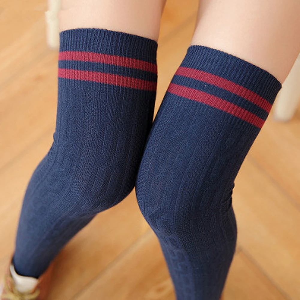 Autumn Winter Women Knit Cotton Over The Knee Long Striped Thigh High Socks