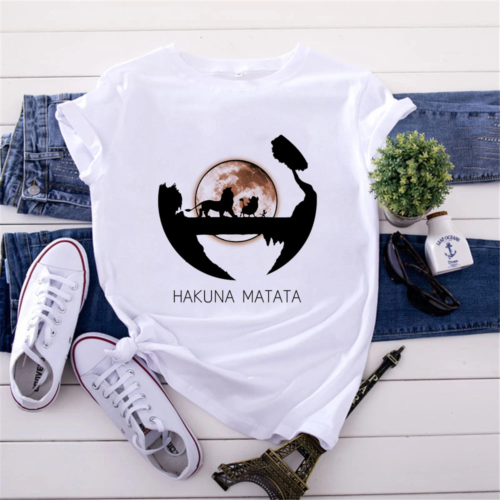 Женские футболки с принтом Hakuna Matata летние графическим и рукавом круглым вырезом