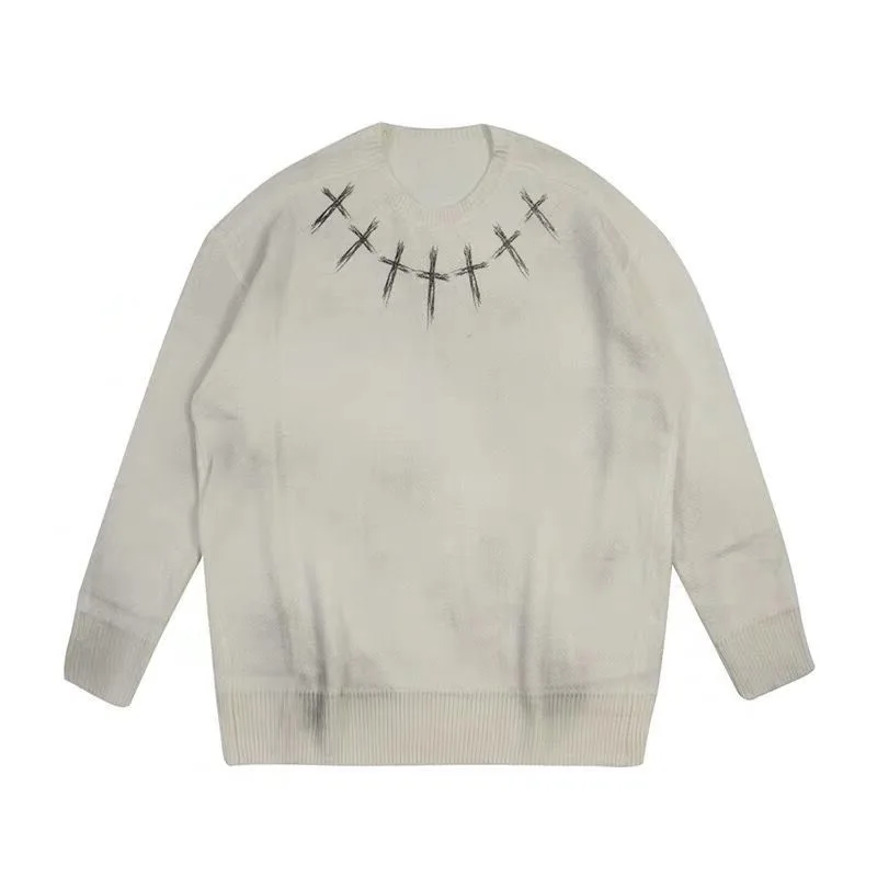 

Tie-Dye Sweater Male Cross Retro Print INS Gothic Hedging Loose Knit Sweatshirt Couple Tide Brand Couple Tops Black White Color