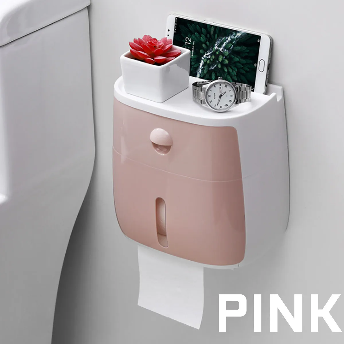 Розовый Bathroom Waterproof Tissue Box Plastic Toilet Paper Holder Wall Mounted Storage Box Double Layer Napkin Dispenser Organizer - Цвет: Розовый