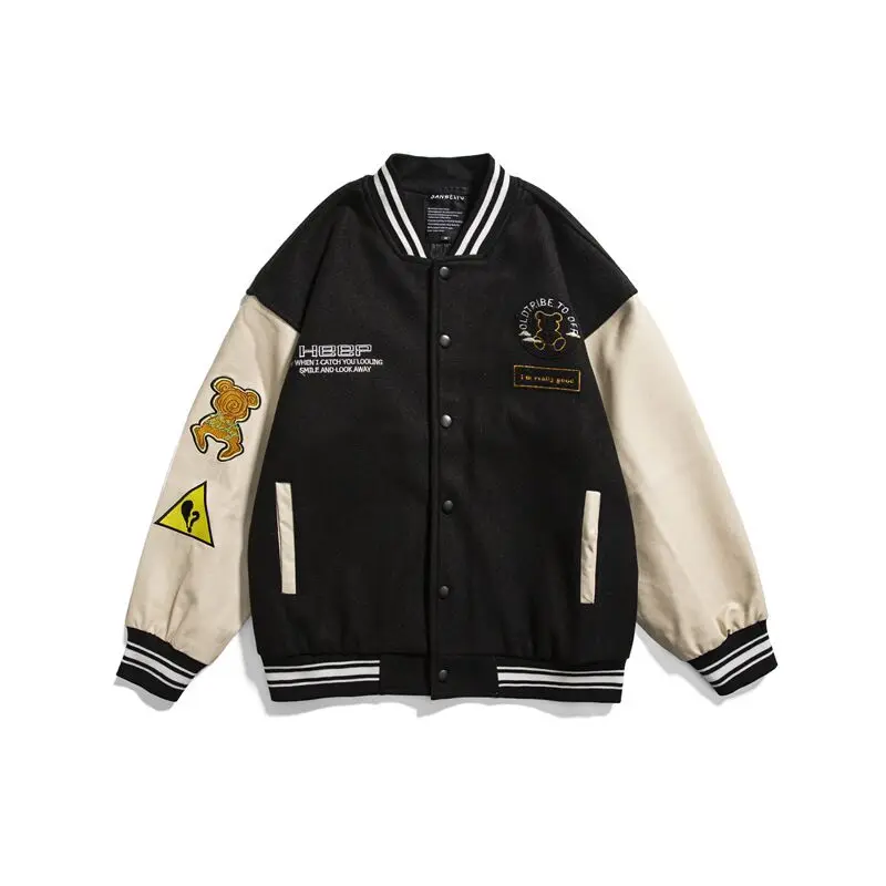 

2021 New Autumn Bear Letter Embroid Baseball Jacket Men's Bomber Coat Unisex Campus Chic