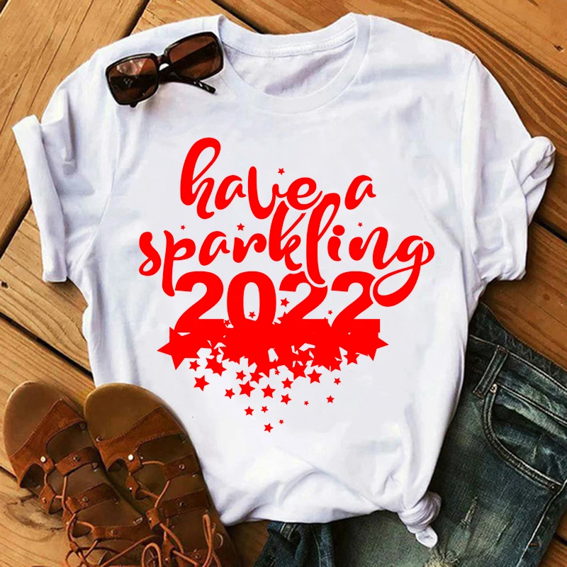 

WVIOCE Hello 2022 Happy New Year Print Women Short Sleeve T-shirt Harajuku Fashion Blouse Fun New Year Gift Female Clothes