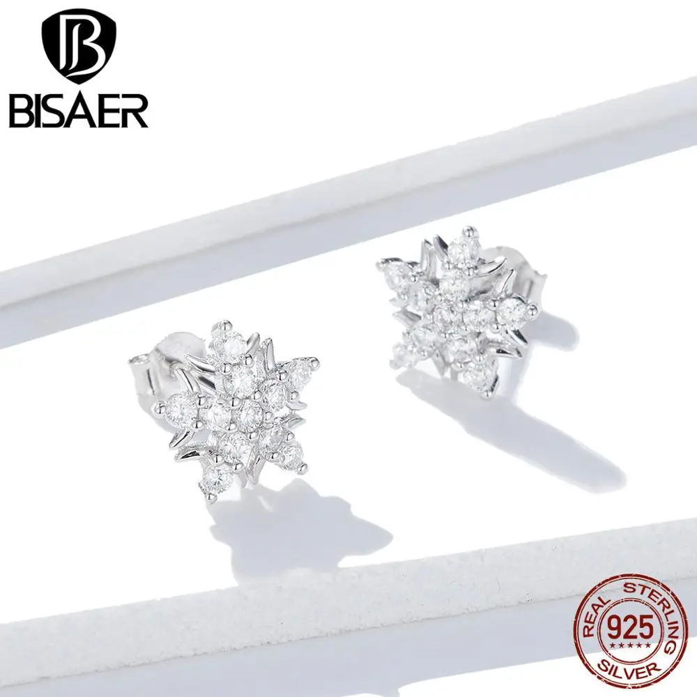 BISAER роскошные 925 пробы серебряные сверкающие серьги-гвоздики со снежинками для женщин Свадебные модные серьги Bijoux GAE228
