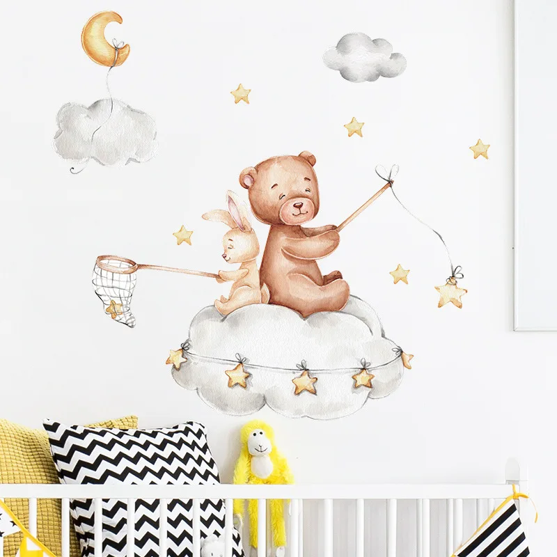Наклейки на стену с изображением медведя кролика Звезды Луны для детской комнаты