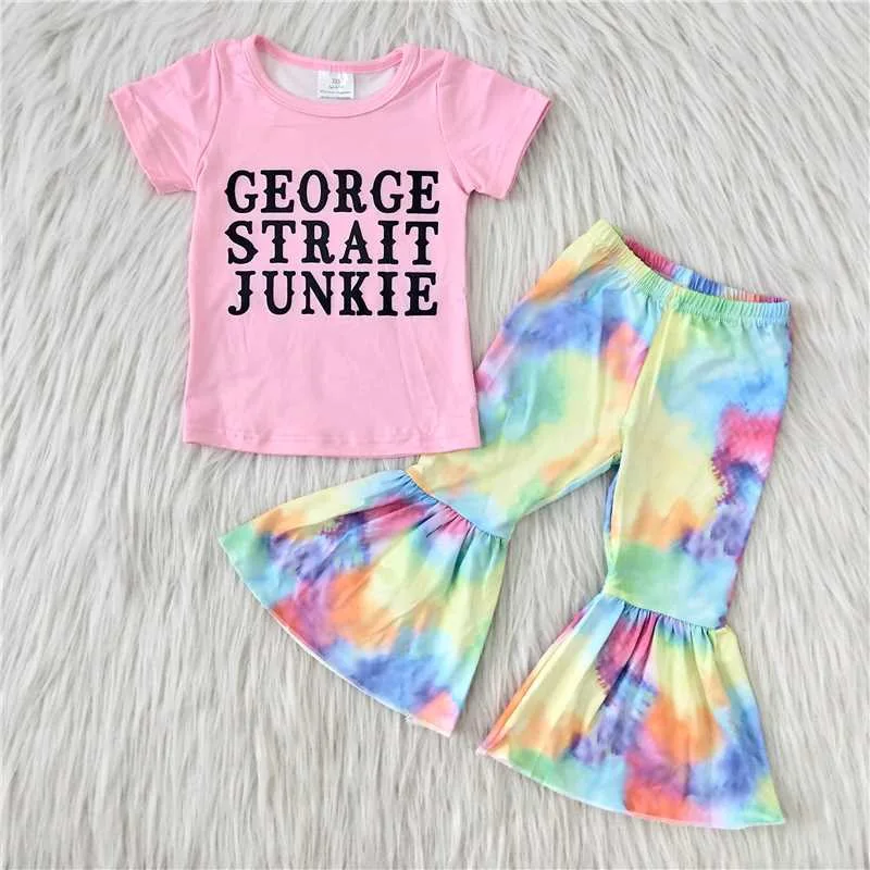 

Baby Girls Letters Print Outfits Pink Short Sleeves Top Bell Bottom Tie-dye Pants Kids Clothing Sets Boutique Children New Style