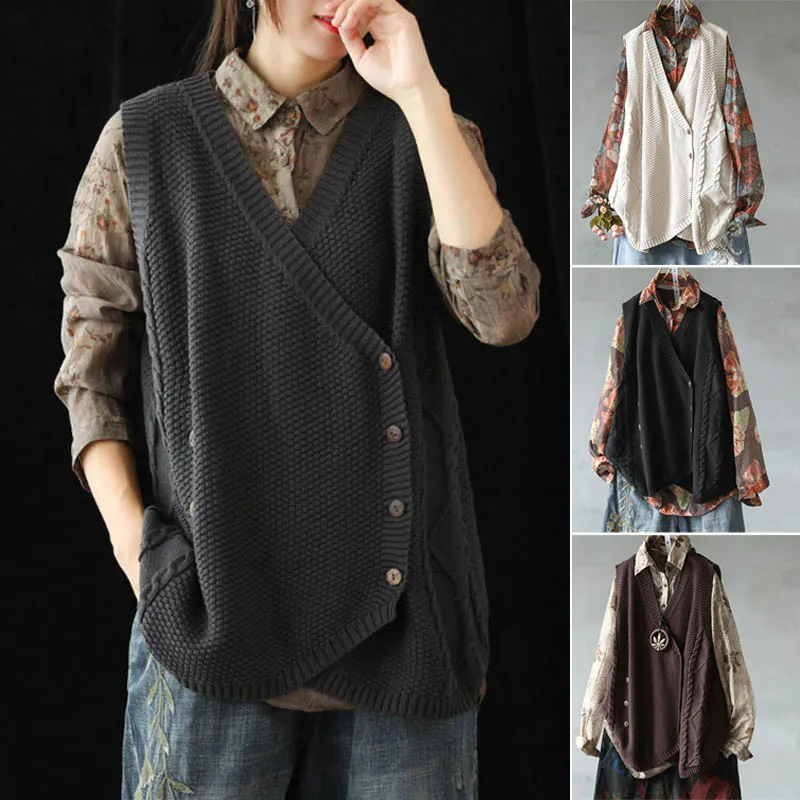 

Women Sweater Vest Sleeveless Loose Button Down V Neck Solid Color Knit Vest -OPK