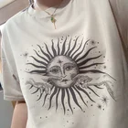 Модная бежевая футболка цвета хаки с круглым вырезом и принтом солнце и луна, винтажная модная футболка в стиле гранж
