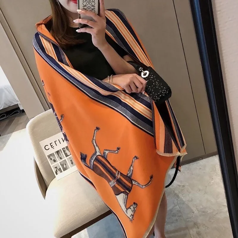 

De lujo de marca para el invierno, de doble cara bufanda mujer Cachemira cálido Pashmina Foulard mujer de lujo de caballo