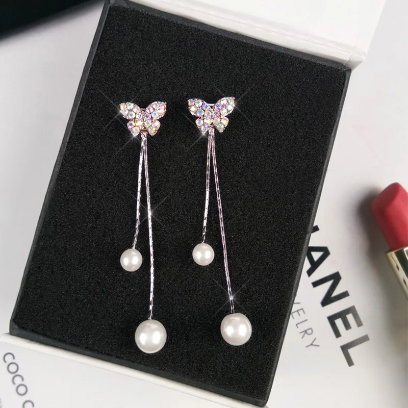 

2021 New Earrings Butterfly Long Pearl Earrings Female Super Fairy Simple Fashion Earrings New Year Gift for Girls