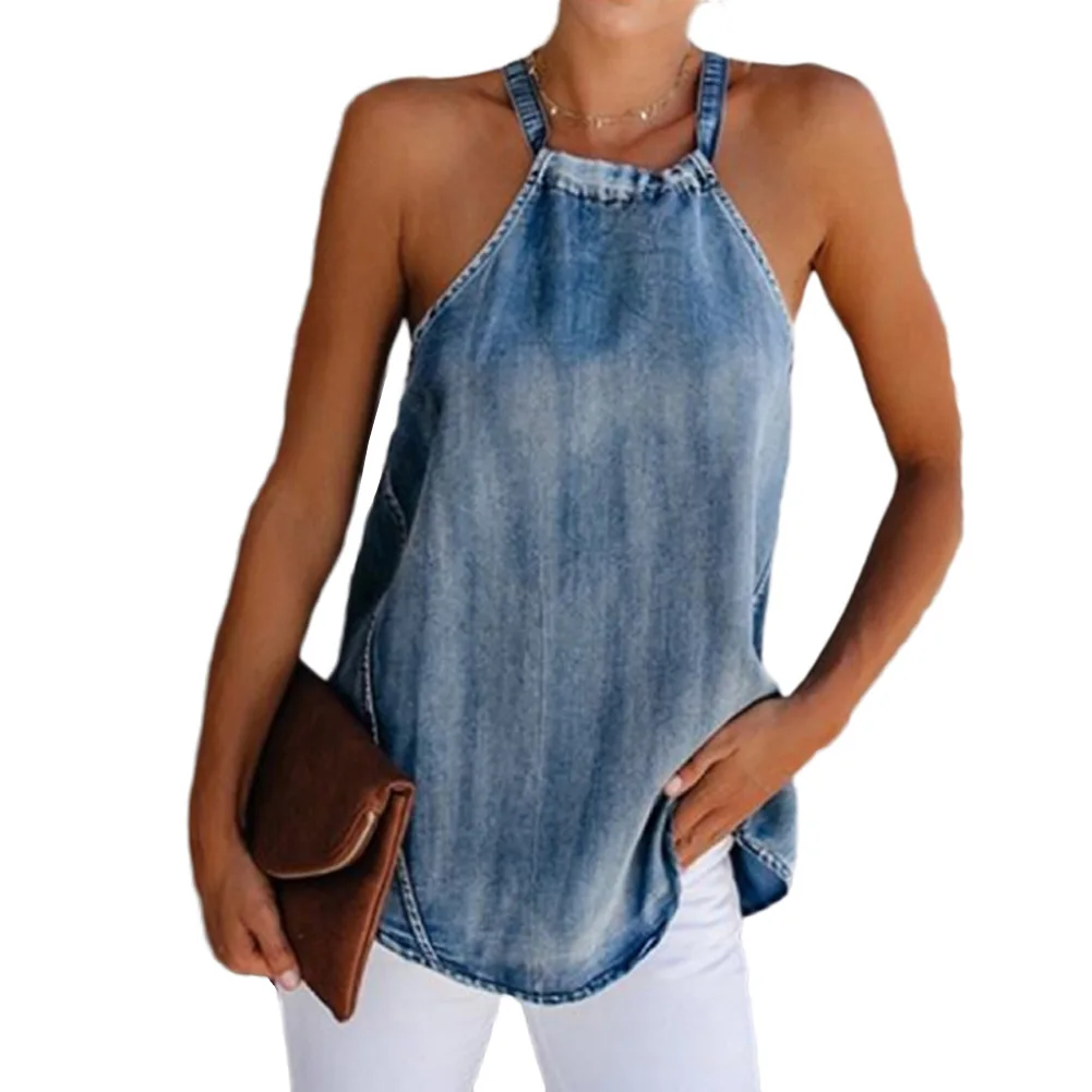 2021 Fashion Trend Women Ladies Sexy Halter Denim Imitation Jean Vest Solid Color Lace up Sleeveless Casual Top Tanks Camisole | Женская