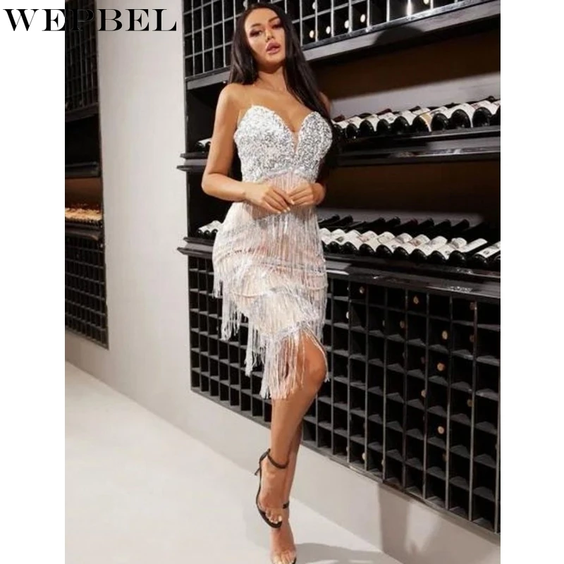 

WEPBEL Sexy Backless Dress Women's Elegant Tassels Sequin Stitching Dress Autumn Spaghetti Strap Strapless High Waist Dress