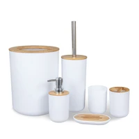dish waste bin cup bamboo wooden bathroom accessories set toilet brush soap dispenser kitchen countertop freestanding home hotel