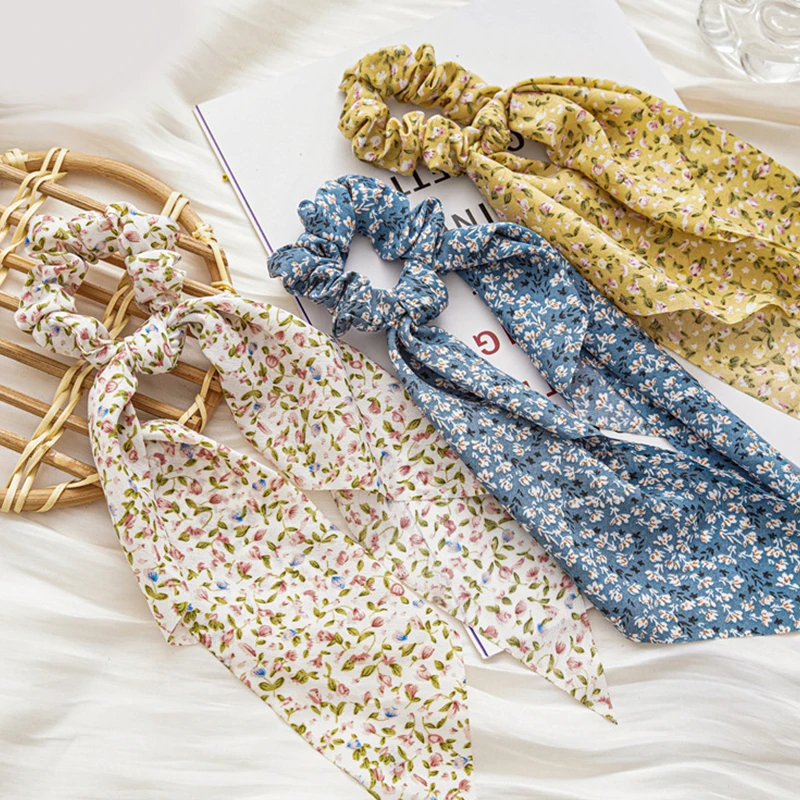 

Fashion Print Bow Satin Long Ribbon Ponytail Scarf Hair Tie Scrunchies Women Girls Elastic Hair Bands Hair Accessories Bohemian