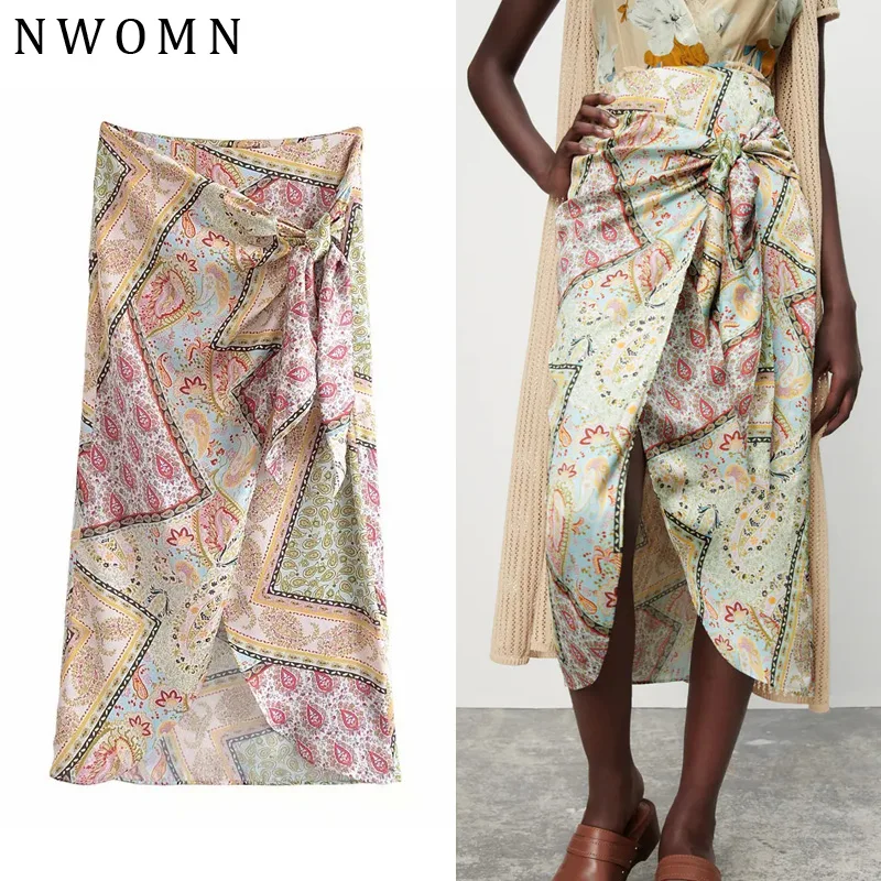 

NWOMN Za 2021 Wrap Skirt Women Patchwork High Waist Long Skirts Woman Fashion Print Skirts Ruched Knot Summer Split Skirt Women