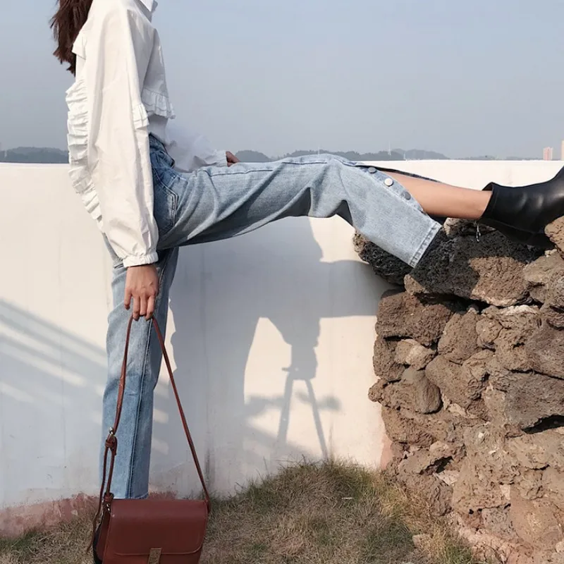 Осенние женские джинсы винтажные с высокой талией боковыми разрезами Джинсы