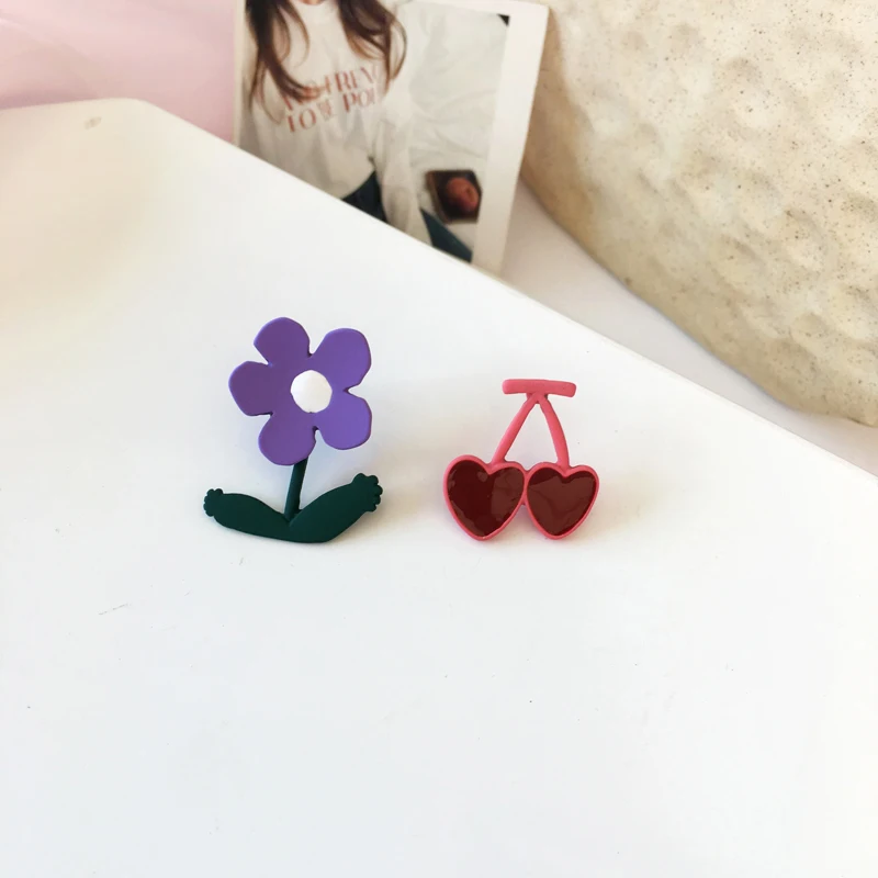 

S925 needle New Asymmetrical Earrings 2021 New Design Sweet Korean Temperament Purple Flower Red Cherry Earrings For Girl Gifts