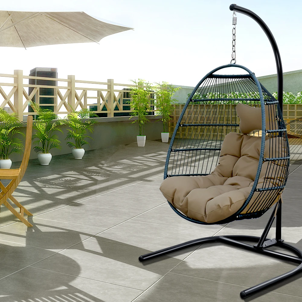 

Hanging Egg Chair Swing with Stand Rattan Effect Four Corners Single Foldable Khaki for Patio Deck Garden Yard Backyard Porch
